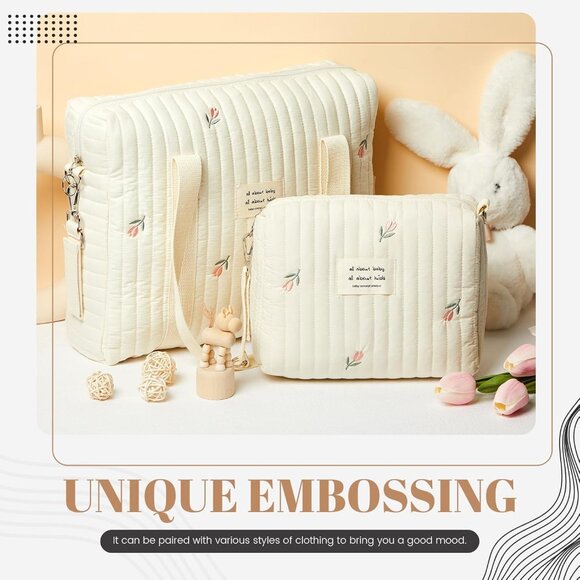 Versatile 2-Pc Diaper Bag Tote - Lightweight Cotton with Ample Storage Options - Picture 4 of 6